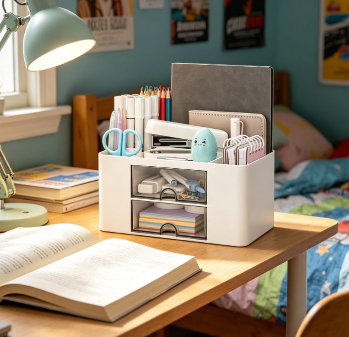 Multifunctional Pen Holder Desk Organiser with 2 Drawers and 5 Compartments - Image 2