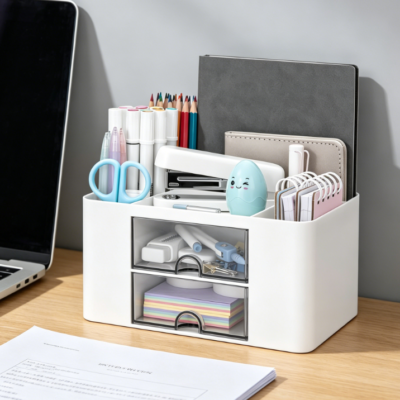 Multifunctional Pen Holder Desk Organiser with 2 Drawers and 5 Compartments
