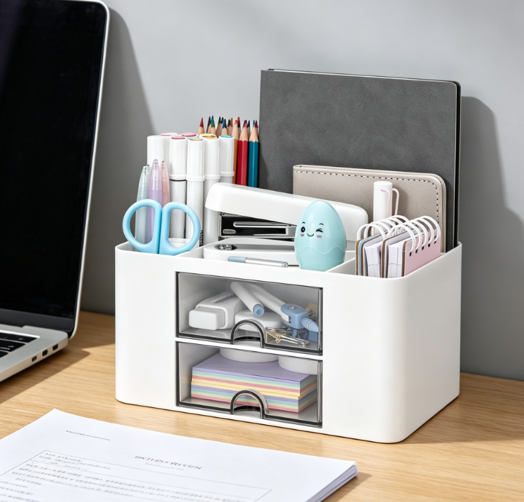 Multifunctional Pen Holder Desk Organiser with 2 Drawers and 5 Compartments