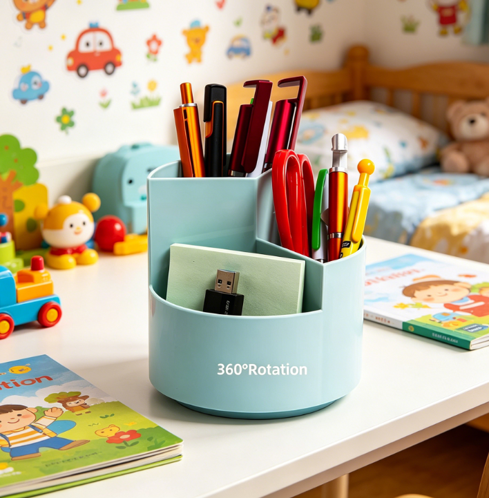 3-Slot 360° Spinning Multifunctional Pen Holder Desk Organiser, Blue - Image 2