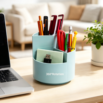 3-Slot 360° Spinning Multifunctional Pen Holder Desk Organiser, Blue
