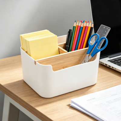 Bamboo 5-Compartment Multifunctional Pen Holder Desk Organiser with Removable Dividers