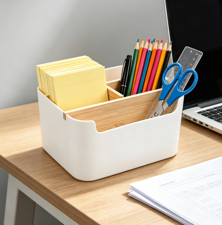 Bamboo 5-Compartment Multifunctional Pen Holder Desk Organiser with Removable Dividers