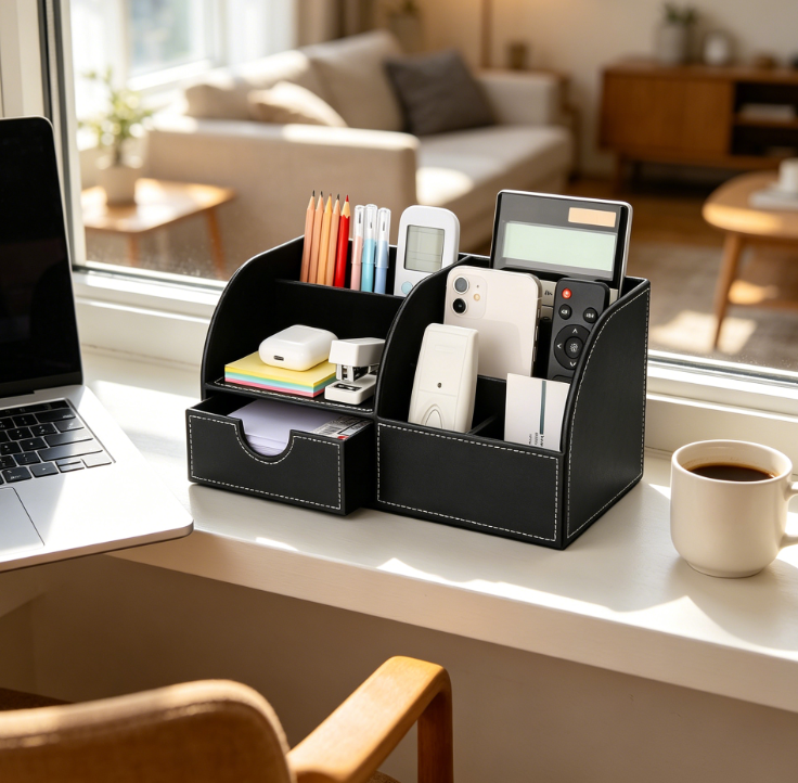 PU Leather Multifunctional Pen Holder Desk Organiser, Black - Image 2