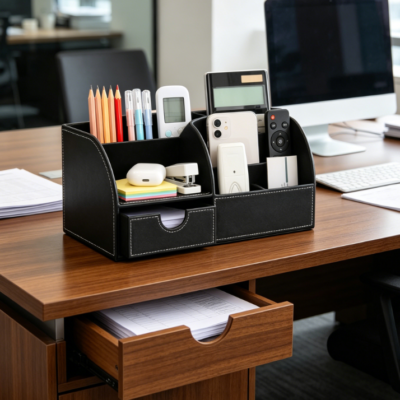 PU Leather Multifunctional Pen Holder Desk Organiser, Black