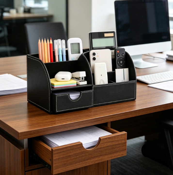 PU Leather Multifunctional Pen Holder Desk Organiser, Black