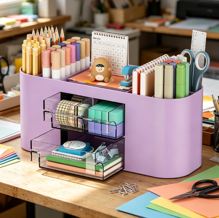 Multifunctional Pen Holder Desk Organiser with 3 Drawers and 7 Pockets, Purple - Image 2