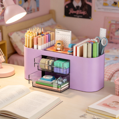 Multifunctional Pen Holder Desk Organiser with 3 Drawers and 7 Pockets, Purple