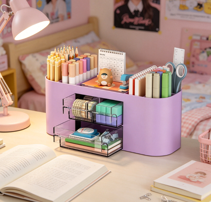 Multifunctional Pen Holder Desk Organiser with 3 Drawers and 7 Pockets, Purple