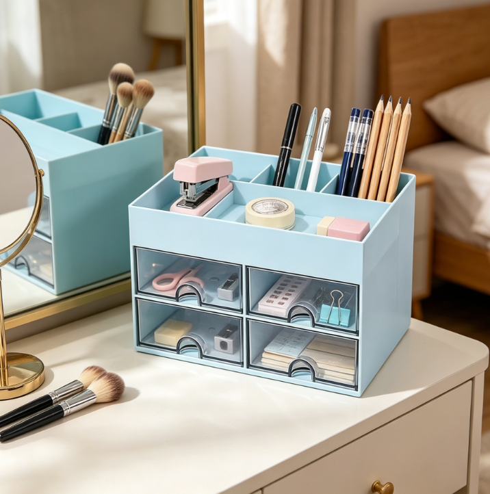 Plastic Multifunctional Pen Holder Desk Organiser with 4 Drawers and 8 Compartments, Blue - Image 2