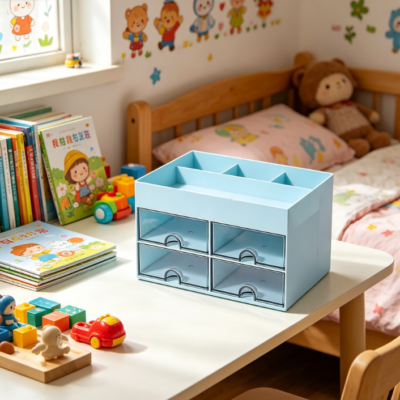 Plastic Multifunctional Pen Holder Desk Organiser with 4 Drawers and 8 Compartments, Blue