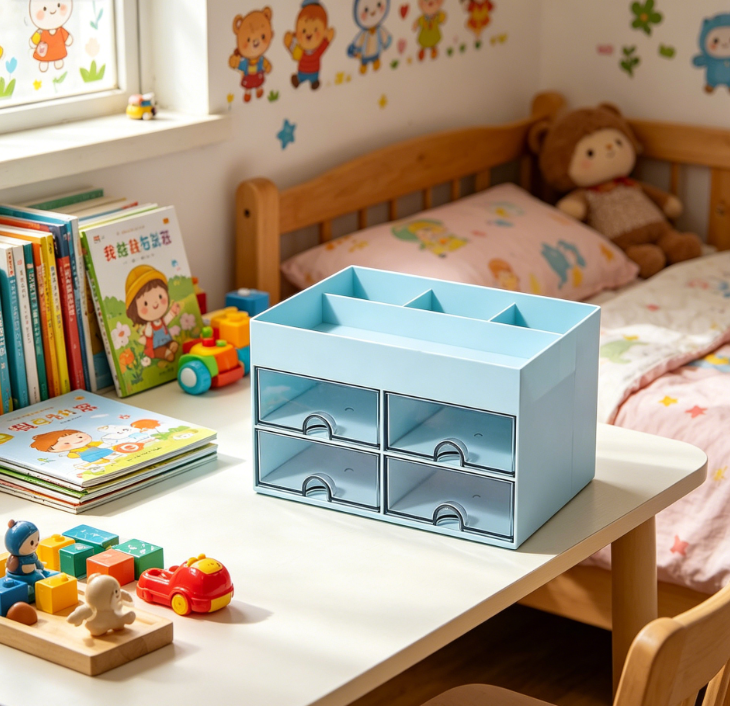 Plastic Multifunctional Pen Holder Desk Organiser with 4 Drawers and 8 Compartments, Blue