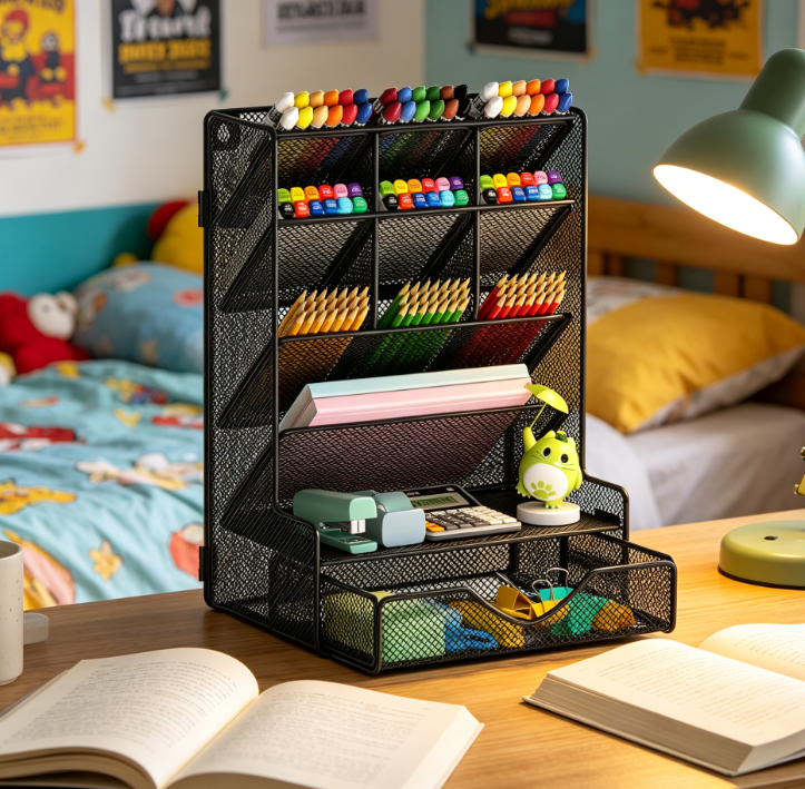 Multifunctional Wall Mount Pen Holder Desk Organiser with Drawer - Image 2
