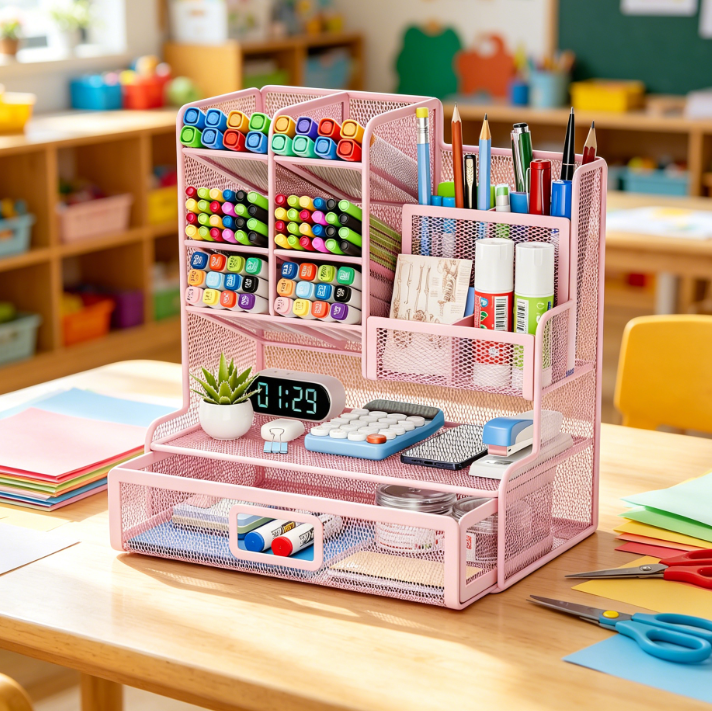 Mesh Multifunctional Pen Holder Desk Organiser with 12 Compartments and Drawer, Pink - Image 2