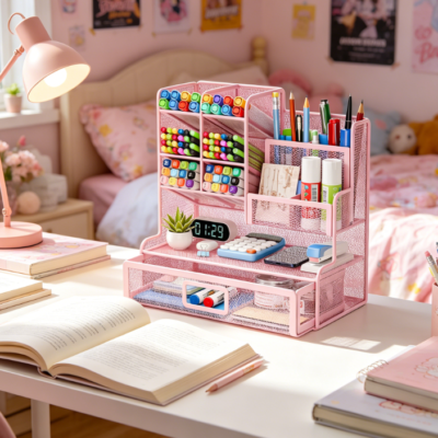 Mesh Multifunctional Pen Holder Desk Organiser with 12 Compartments and Drawer, Pink