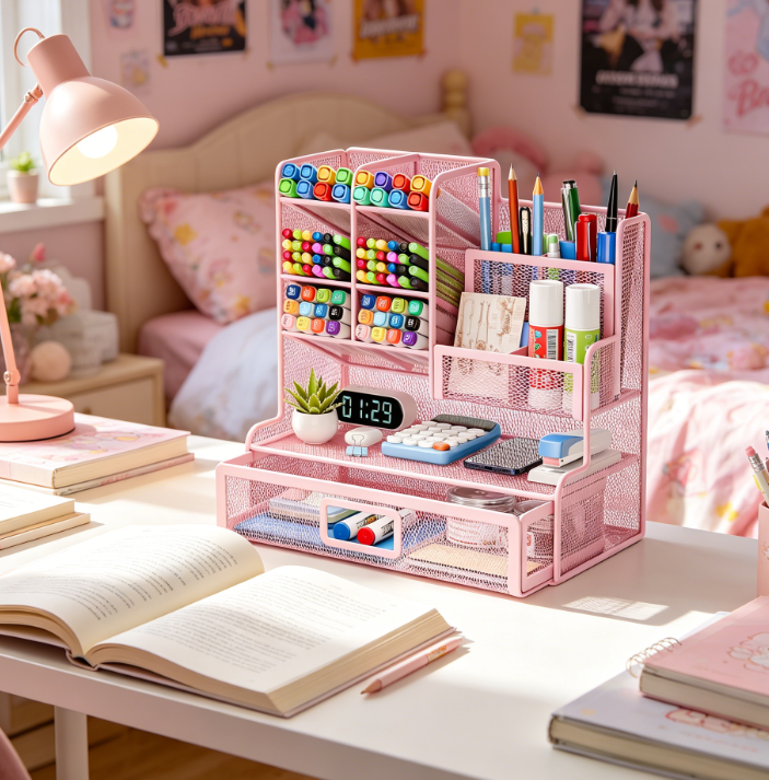 Mesh Multifunctional Pen Holder Desk Organiser with 12 Compartments and Drawer, Pink