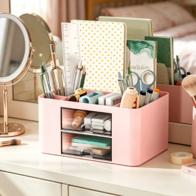 Pen Holder Desk Organiser with Drawer, Multifunctional for Home Office and School