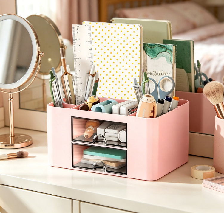 Pen Holder Desk Organiser with Drawer, Multifunctional for Home Office and School