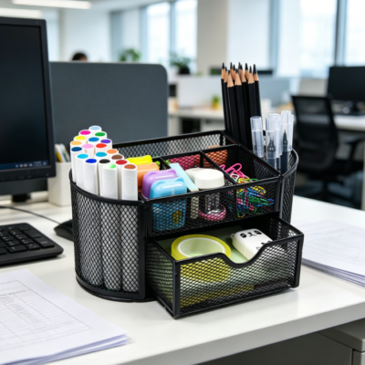 Metal Mesh Multifunctional Pen Holder Desk Tidy with Drawer and 9 Compartments