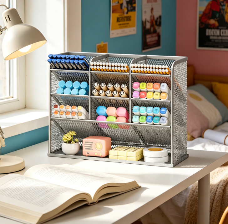 Mesh Multifunctional Pen Holder Desk Organiser with Storage Shelf - Image 2