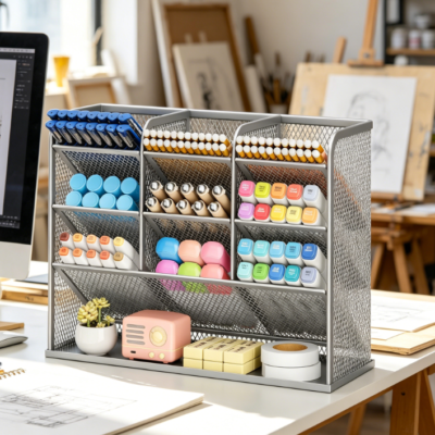 Mesh Multifunctional Pen Holder Desk Organiser with Storage Shelf
