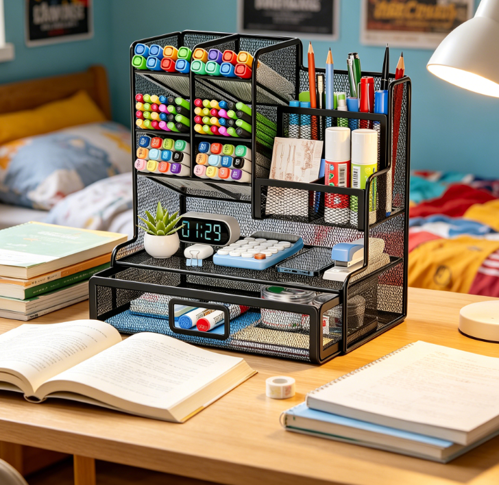 Mesh Multifunctional Pen Holder Desk Organiser with 12 Compartments and Drawer - Image 2