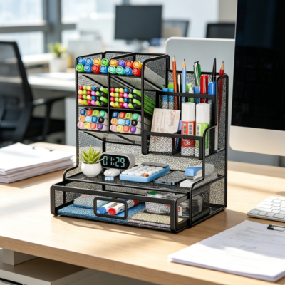 Mesh Multifunctional Pen Holder Desk Organiser with 12 Compartments and Drawer