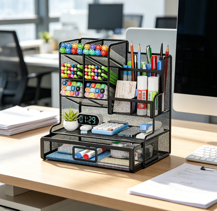 Mesh Multifunctional Pen Holder Desk Organiser with 12 Compartments and Drawer