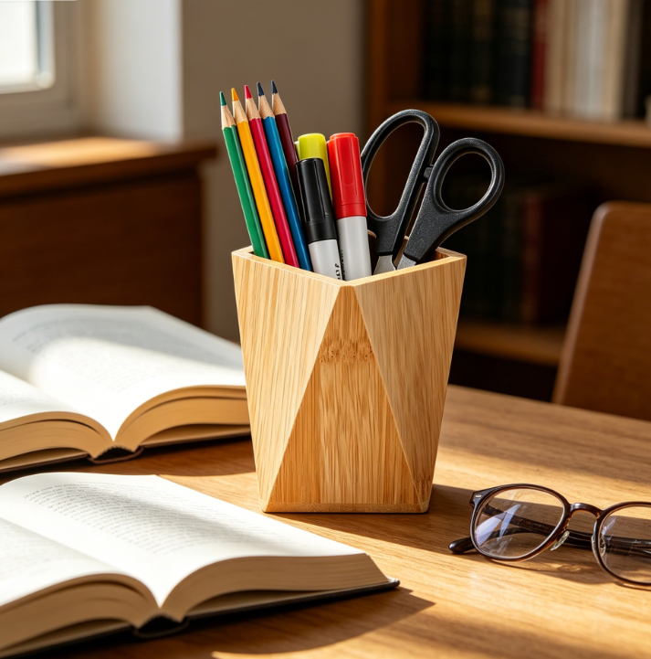 Wooden Multifunctional Pen Holder Desk Organiser, 8 x 9.5 x 10 cm - Image 2