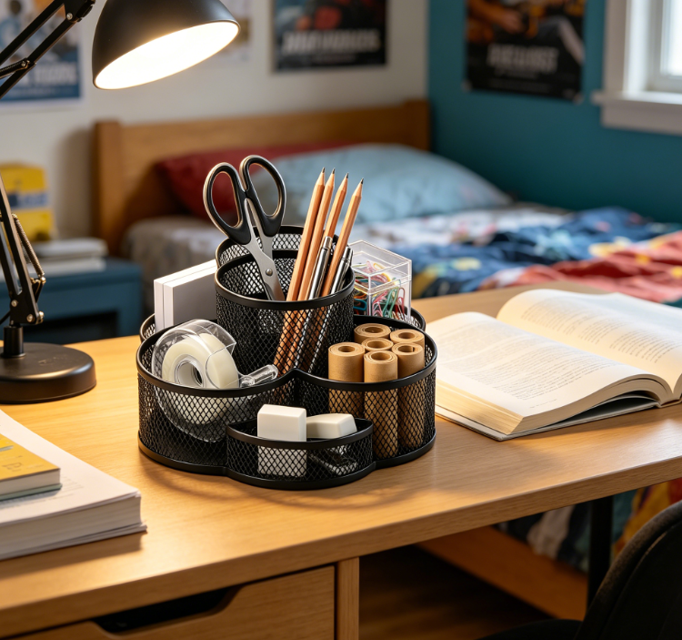 360° Rotating Metal Mesh Multifunctional Pen Holder Desk Organiser, Black - Image 2