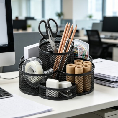 360° Rotating Metal Mesh Multifunctional Pen Holder Desk Organiser, Black