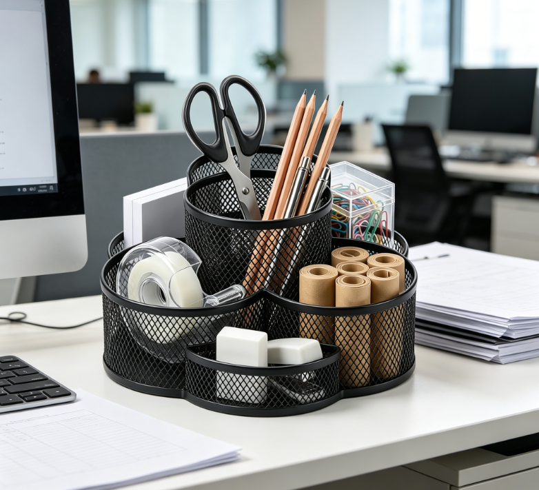 360° Rotating Metal Mesh Multifunctional Pen Holder Desk Organiser, Black