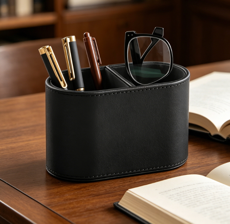 PU Leather Multifunctional Pen Holder Desk Organiser with 2 Compartments, Black - Image 2