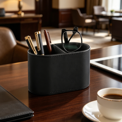 PU Leather Multifunctional Pen Holder Desk Organiser with 2 Compartments, Black