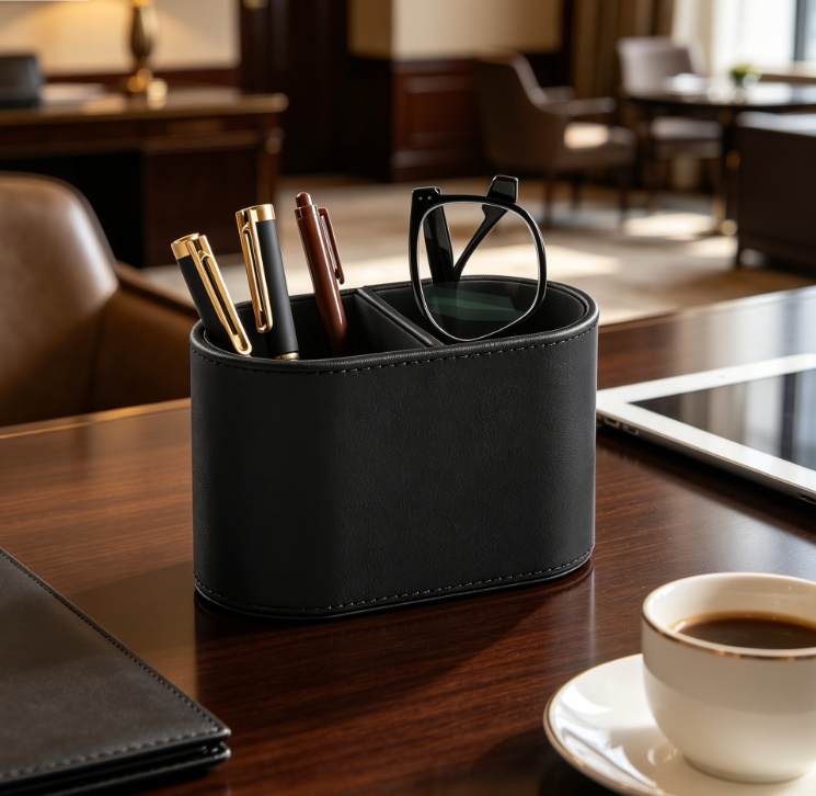 PU Leather Multifunctional Pen Holder Desk Organiser with 2 Compartments, Black