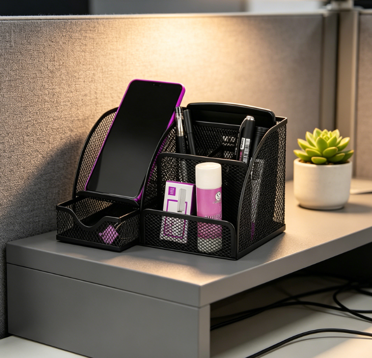 Mesh Metal Multifunctional Pen Holder Desk Organiser with Drawer for Office School Home - Image 2
