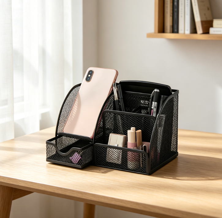 Mesh Metal Multifunctional Pen Holder Desk Organiser with Drawer for Office School Home