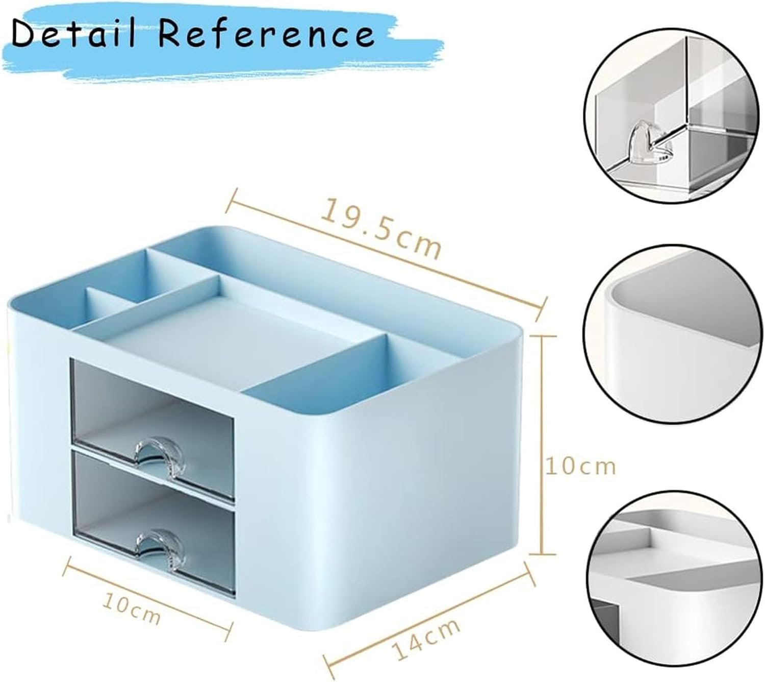 Multifunctional Pen Holder Desk Organiser with Drawers and 5 Compartments, Pink+Blue - Image 2