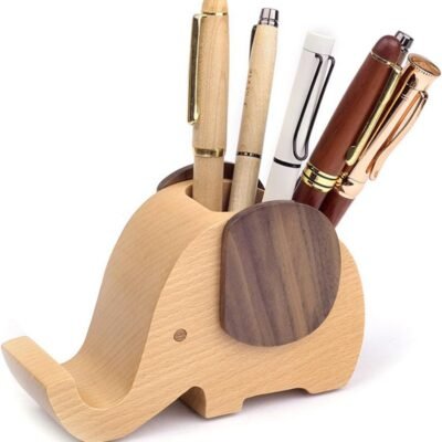 Creative Elephant-Shaped Wooden Multifunctional Pen Holder with Phone Stand