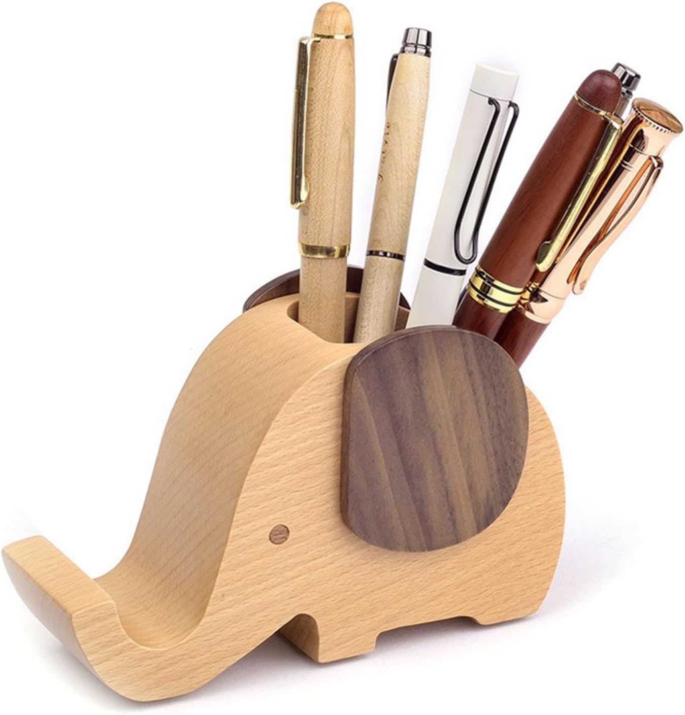 Creative Elephant-Shaped Wooden Multifunctional Pen Holder with Phone Stand