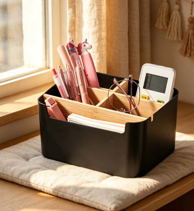 5-Compartment Wooden Multifunctional Pen Holder Desk Organiser for Office School Home