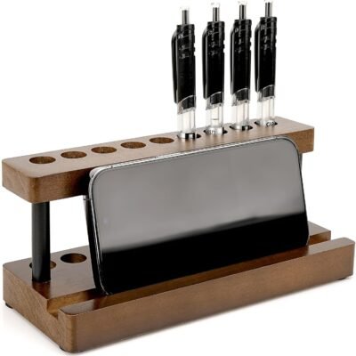 Wooden Multifunctional Pen Holder Desk Stand with 9 Slots and Phone Holder