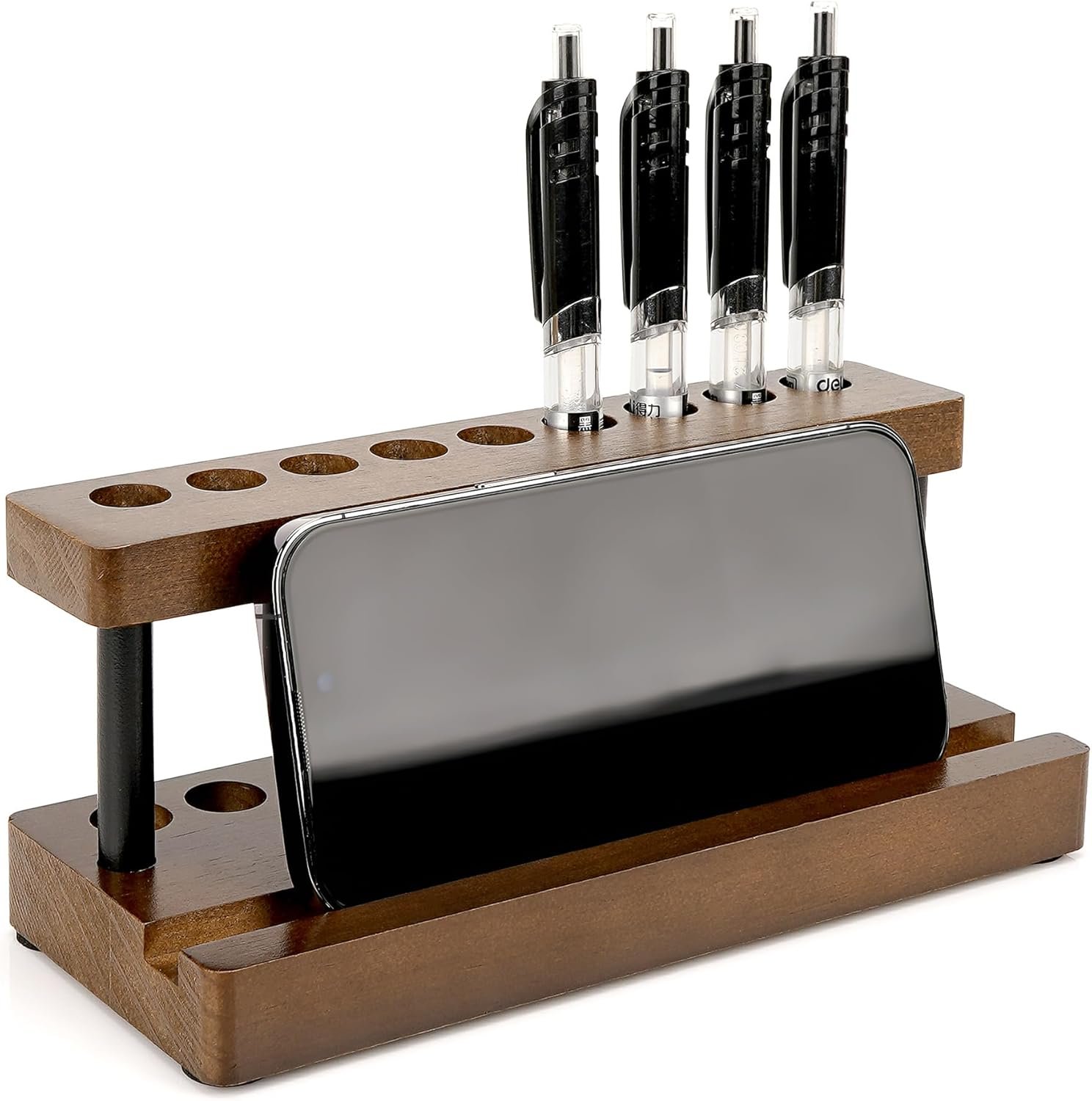 Wooden Multifunctional Pen Holder Desk Stand with 9 Slots and Phone Holder