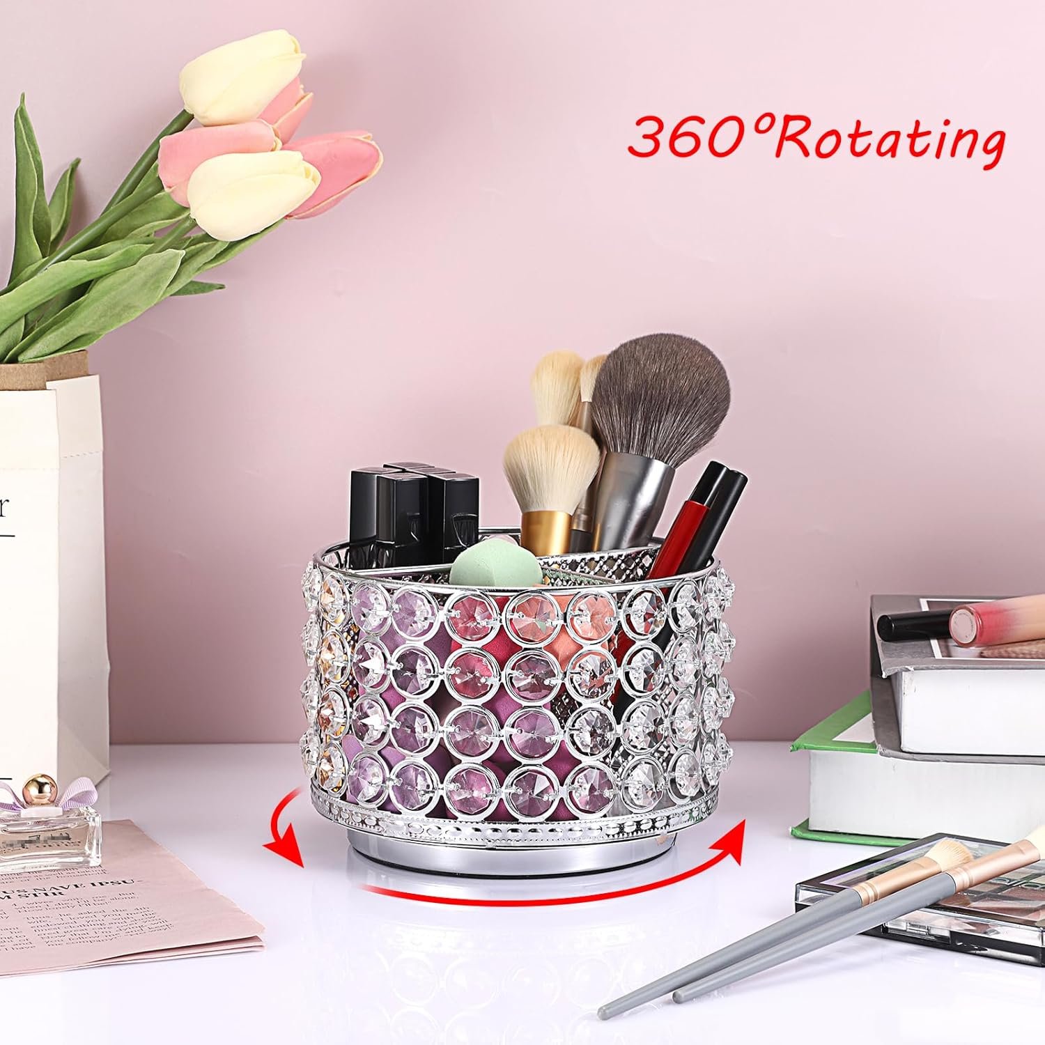 360° Rotating Crystal 4-Slot Multifunctional Pen Holder Desk Organiser, Silver - Image 2