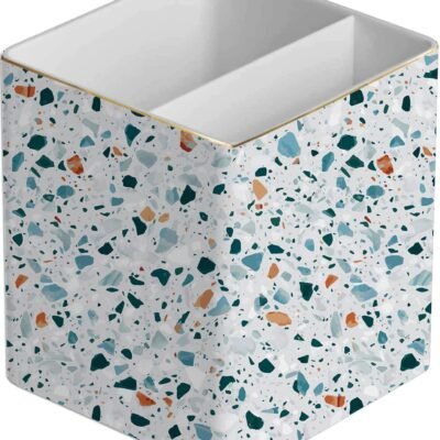 Ceramic Terrazzo Multifunctional Pen Holder Desk Organiser with 2 Compartments, Light Blue