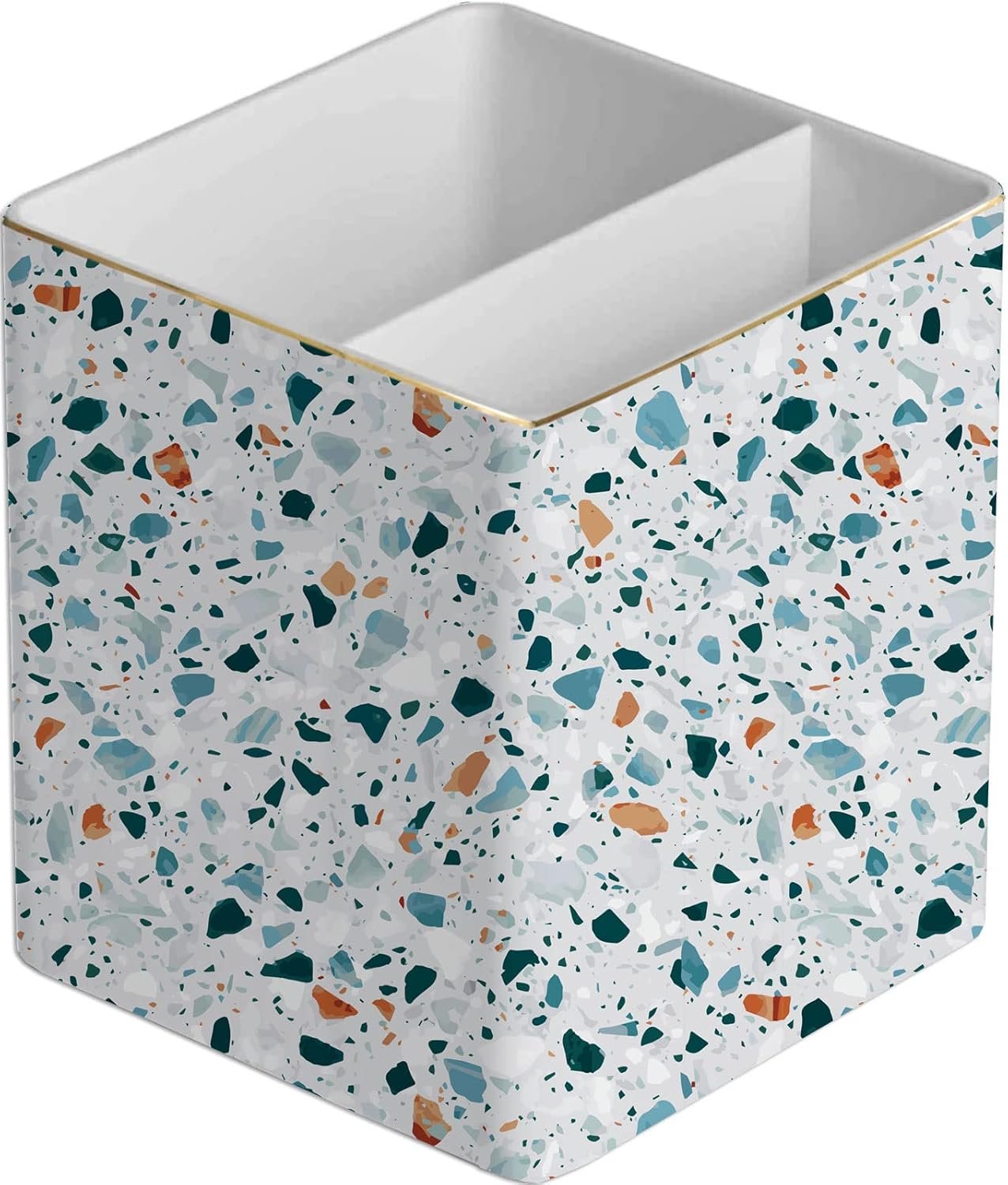 Ceramic Terrazzo Multifunctional Pen Holder Desk Organiser with 2 Compartments, Light Blue