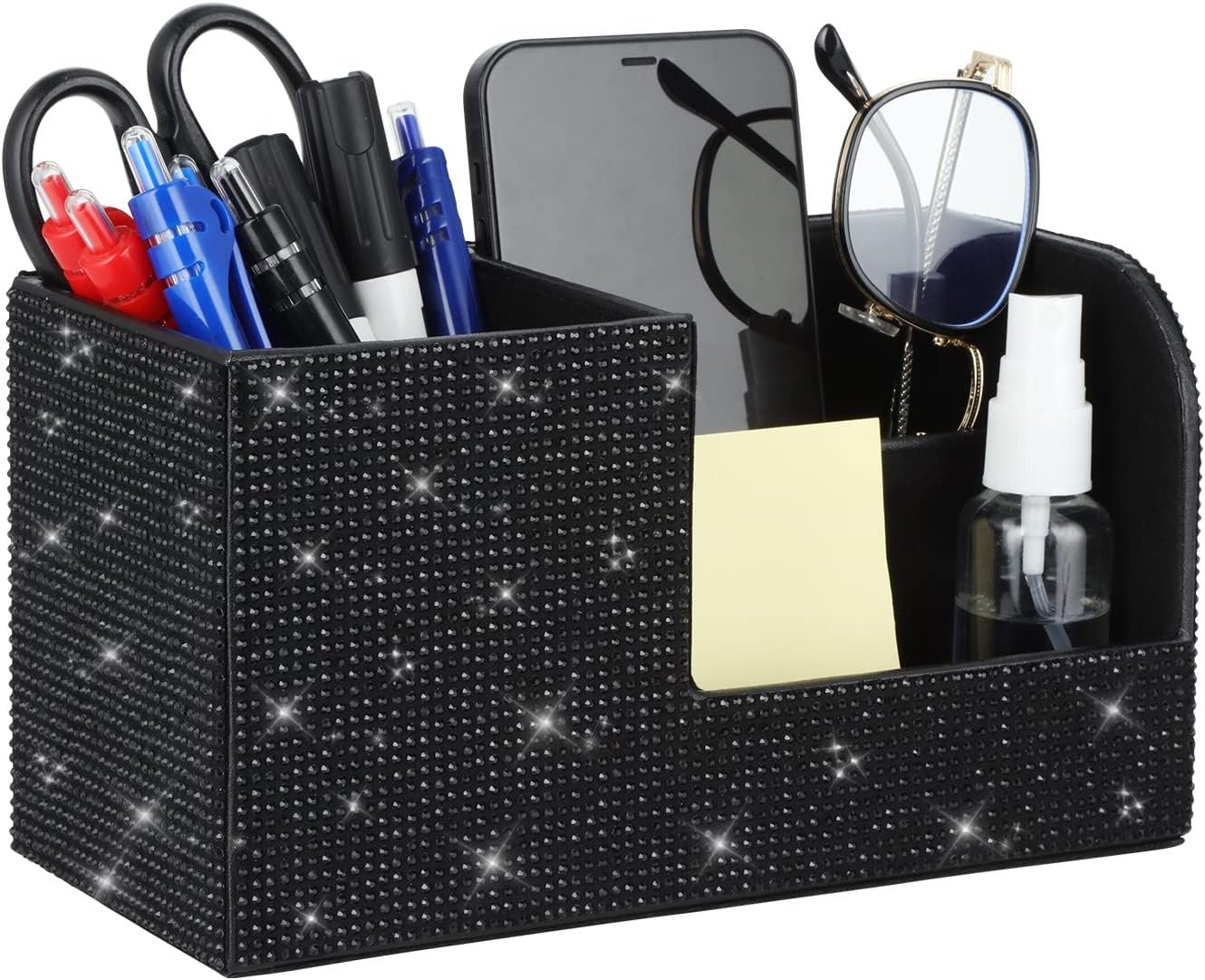 Bling Rhinestone Multifunctional Pen Holder Storage Box for Desk, White