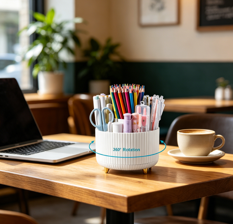 360° Rotating Minimalist Multifunctional Pen Holder Desk Organiser, White - Image 2