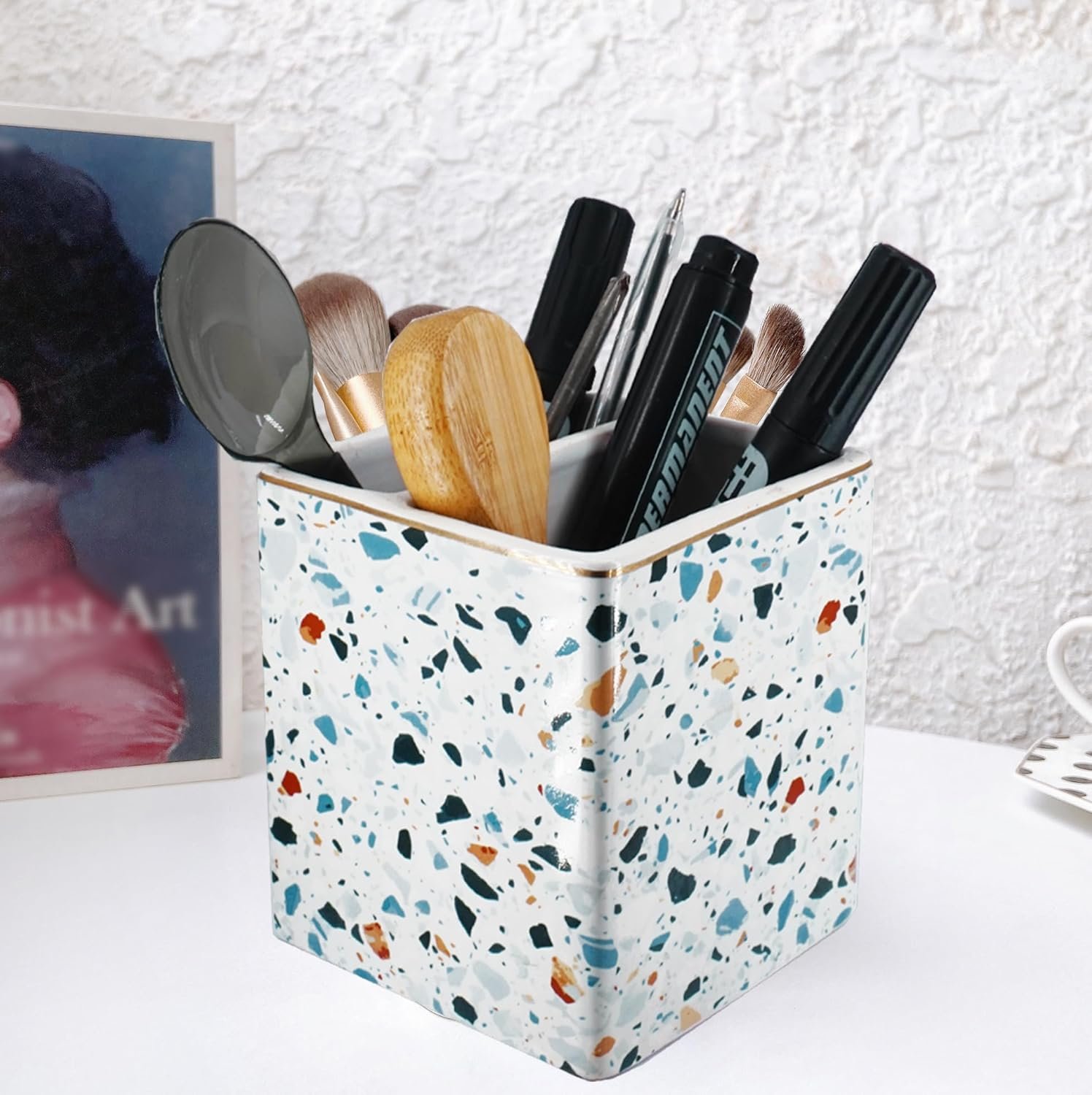 Ceramic Terrazzo Multifunctional Pen Holder Desk Organiser with 2 Compartments, Light Blue - Image 2