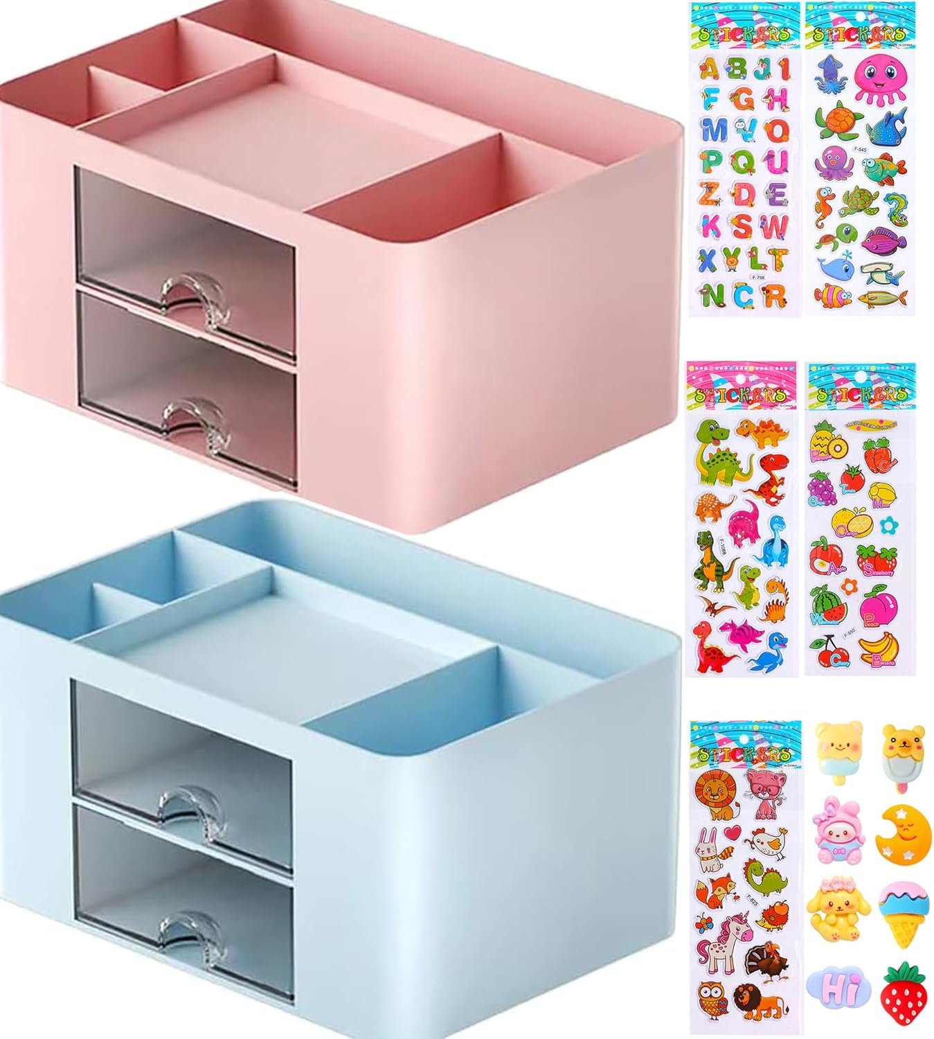 Multifunctional Pen Holder Desk Organiser with Drawers and 5 Compartments, Pink+Blue